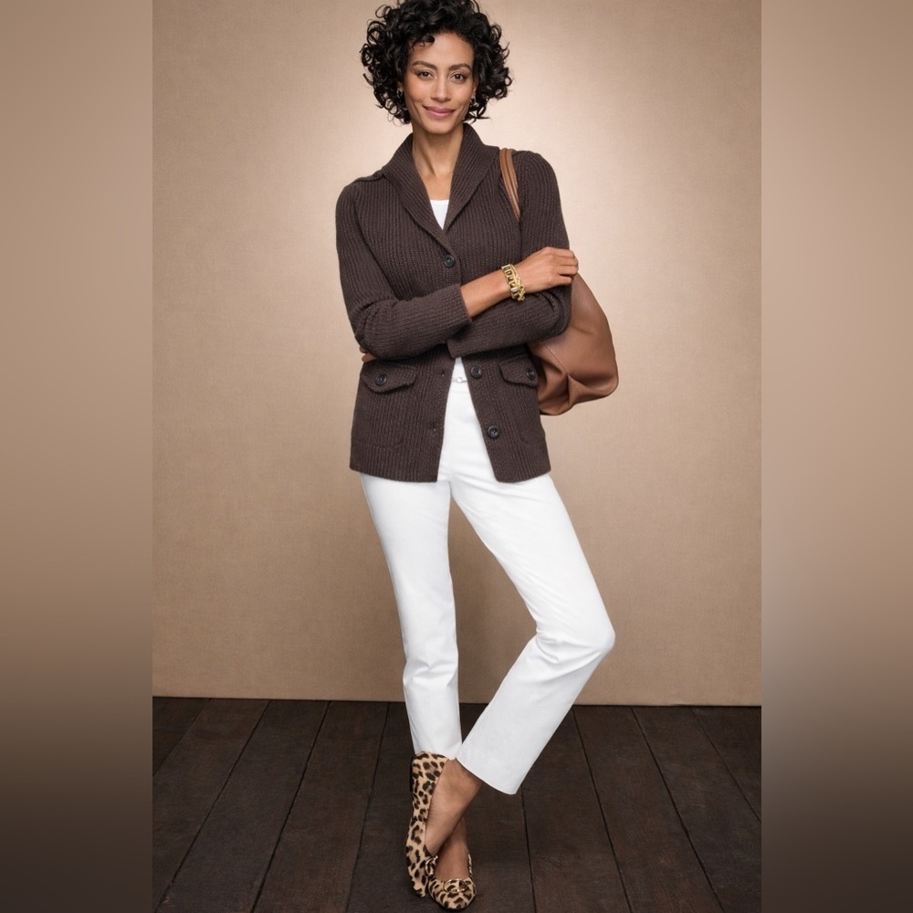 Talbots Petite P Brown Ribbed Shawl Collar Cardigan Sweater